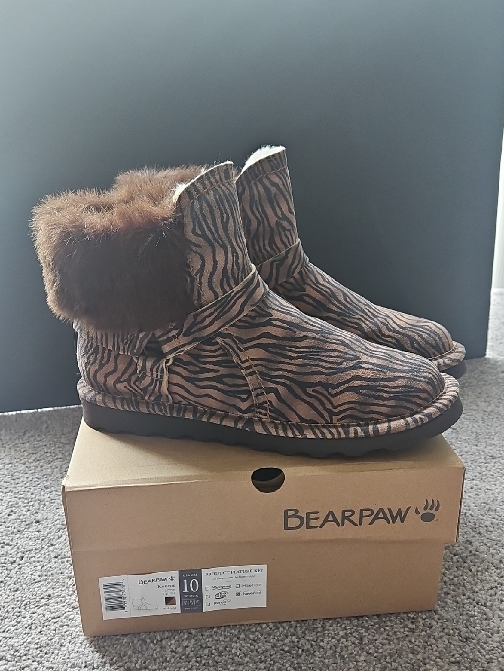 BearPaw Brown Zebra-Print Shearling Cuff Ankle Boots